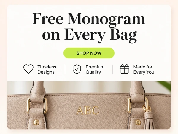 A handbag brand landing page with no menu, one headline, three benefit lines and one button