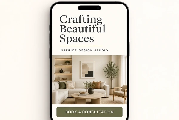 An interior design studio landing page shown at phone width with a large headline and one button