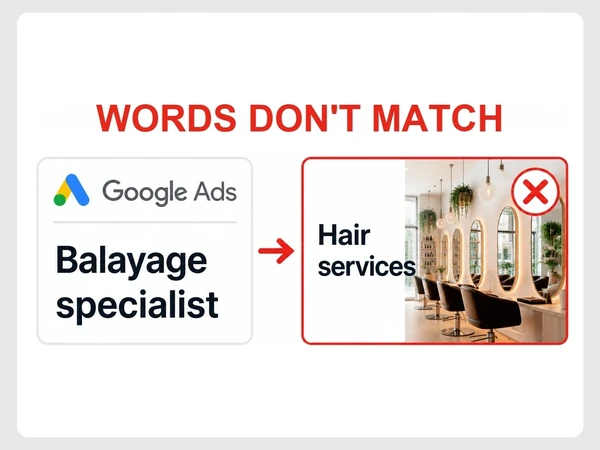 Ivy & Oak Salon pairs a Balayage specialist Google ad with a landing page titled Hair services.
