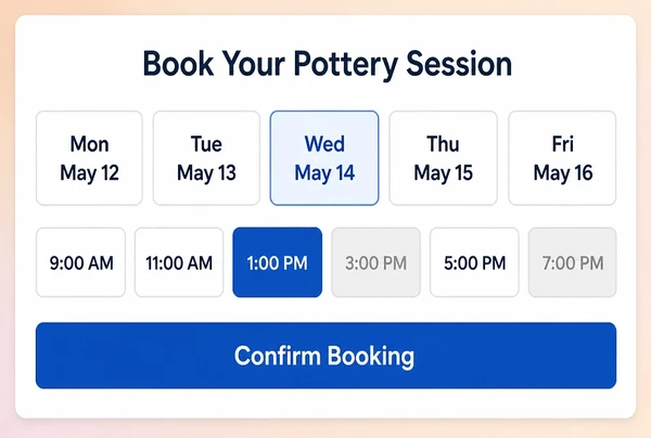 The booking step of a ceramics studio landing page with day buttons and six time slots