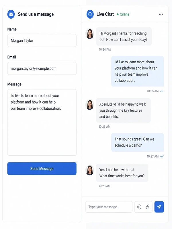 A chat panel beside a three field contact form on a landing page