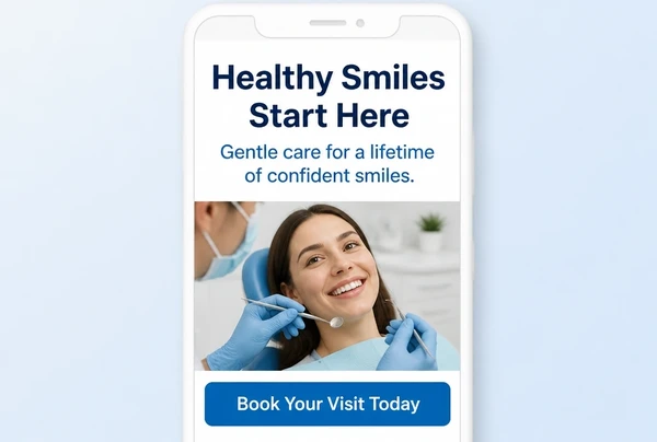 A dental practice landing page shown at phone width with a large headline and one button