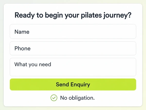 The enquiry section of a pilates studio landing page with a three field form and one button