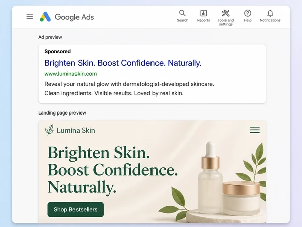 A Google Ads advert preview above a skincare brand page carrying the same headline
