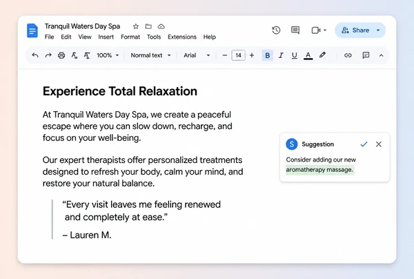 A Google Docs draft of day spa page copy with two paragraphs and a quoted customer line