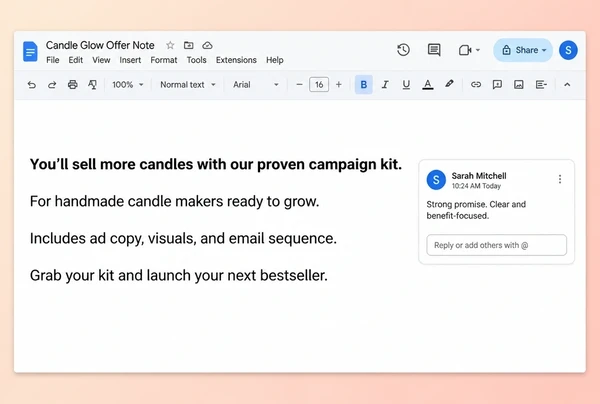 A Google Docs note holding the campaign promise for a candle maker in four short lines
