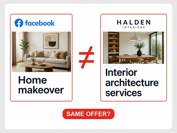 Halden Interiors Facebook ad says Home makeover while its landing page says Interior architecture services.