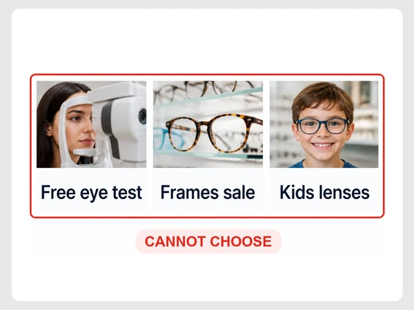 ClearView Optometry landing page shows three competing eye care promotions in one red-outlined carousel.