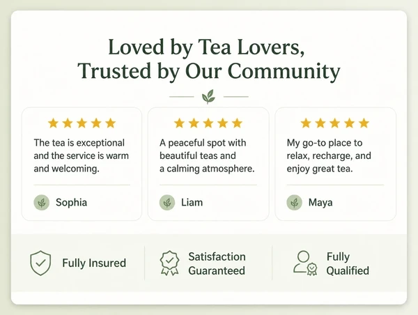 The proof section of a tea house landing page with three reviews and three trust lines