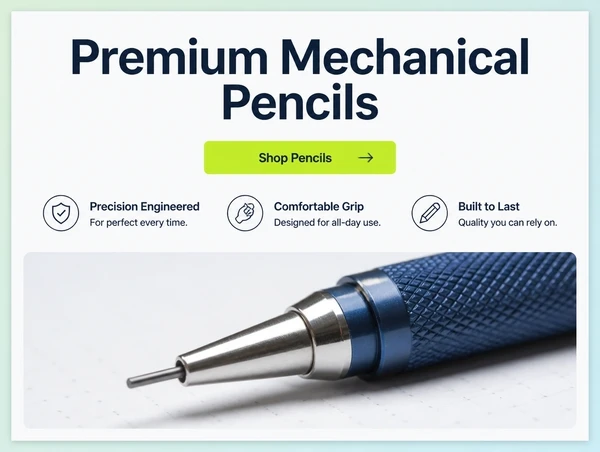A stationery brand landing page with no menu, one headline, three benefit lines and one button