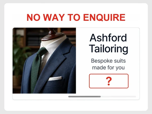 Ashford Tailoring landing page reaches the bottom with a question mark where an inquiry button should be.
