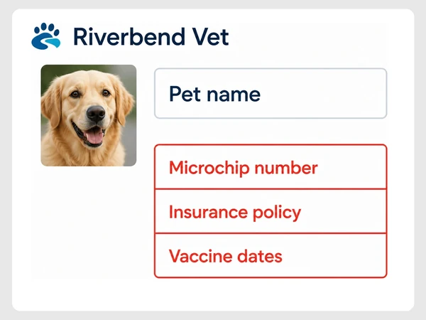 Riverbend Vet inquiry form highlights Microchip number, Insurance policy, and Vaccine dates in red.