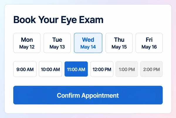 The booking step of an eyewear brand landing page with day buttons and six time slots
