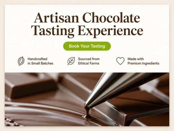 A chocolate maker landing page with no menu, one headline, three benefit lines and one button