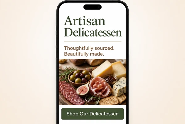 A delicatessen landing page shown at phone width with a large headline and one button