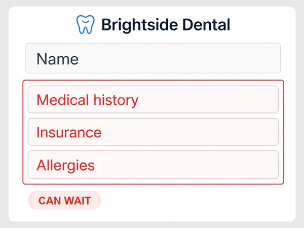 Brightside Dental inquiry form asks for medical history, insurance, and allergies before a visitor can continue.