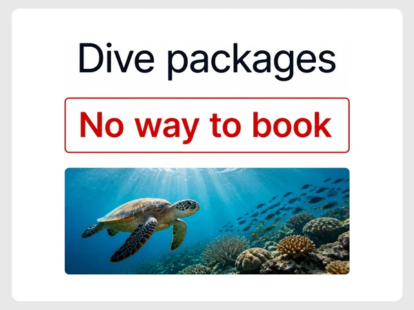 Sipadan Blue Dive Resort landing page shows Dive packages and an underwater photo but no way to book.