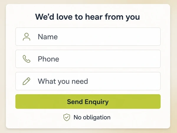 The enquiry section of a boutique hotel landing page with a three field form and one button
