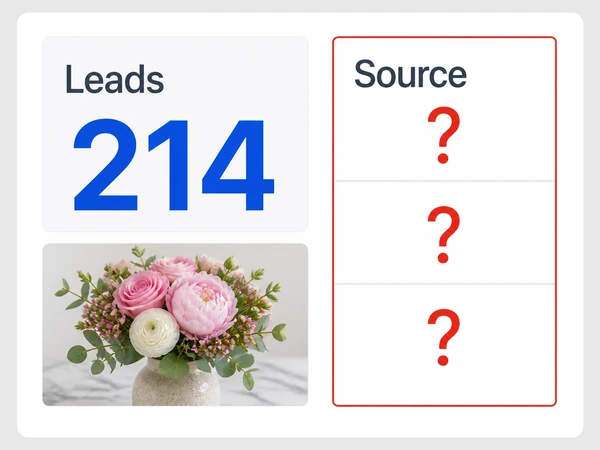 Fern & Bloom report shows 214 leads while every Source row contains a red question mark.
