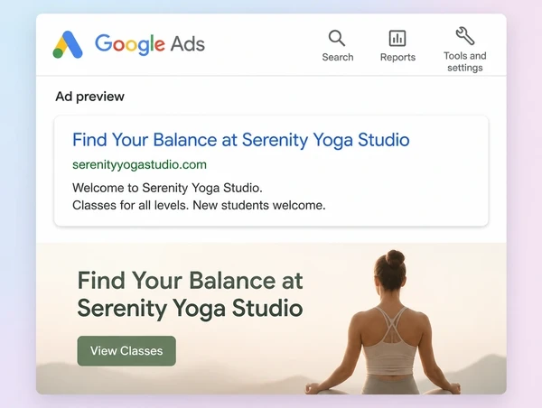 A Google Ads advert preview above a yoga studio page carrying the same headline