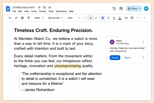 A Google Docs draft of luxury watches page copy with two paragraphs and a quoted customer line