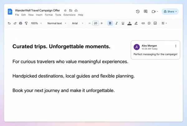 A Google Docs note holding the campaign promise for a travel agency in four short lines