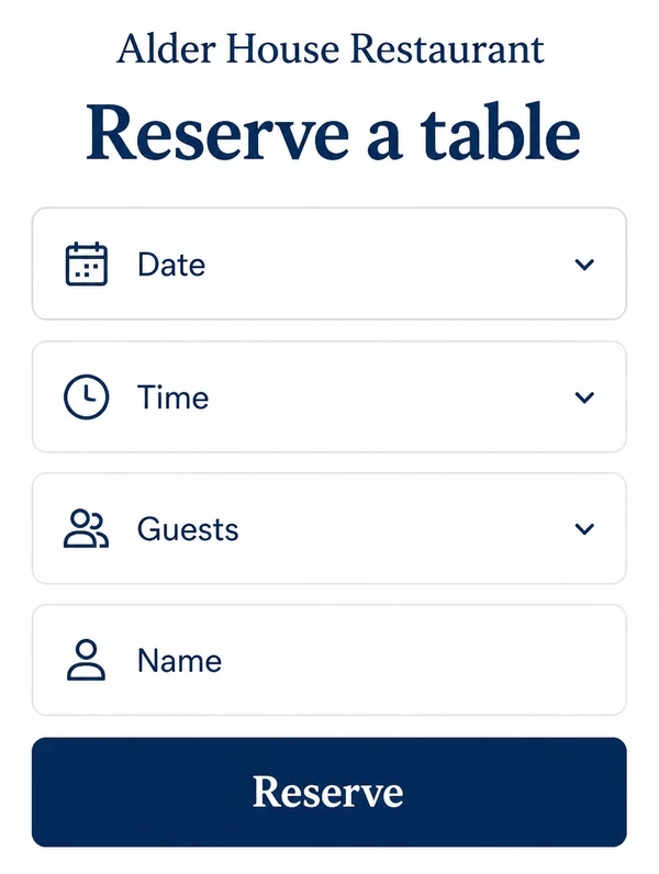 A restaurant booking panel with date, time, guests and name fields above one button