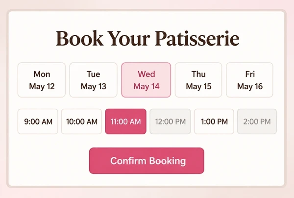 The booking step of a patisserie landing page with day buttons and six time slots