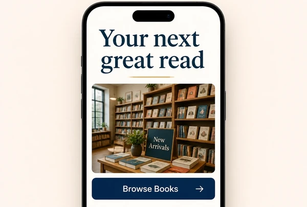 A bookshop landing page shown at phone width with a large headline and one button