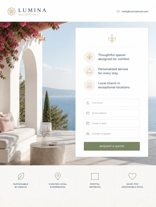 A boutique hotel lead capture page with three bullet points and a four field quote form