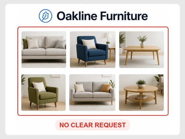 Oakline Furniture landing page crowds six equal product tiles together without a button or clear request.