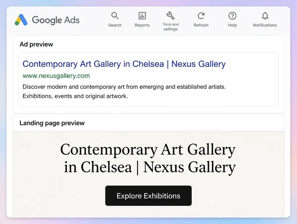 A Google Ads advert preview above an art gallery page carrying the same headline