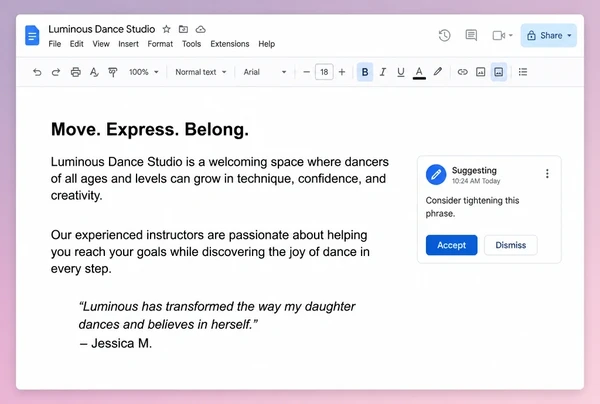A Google Docs draft of dance studio page copy with two paragraphs and a quoted customer line