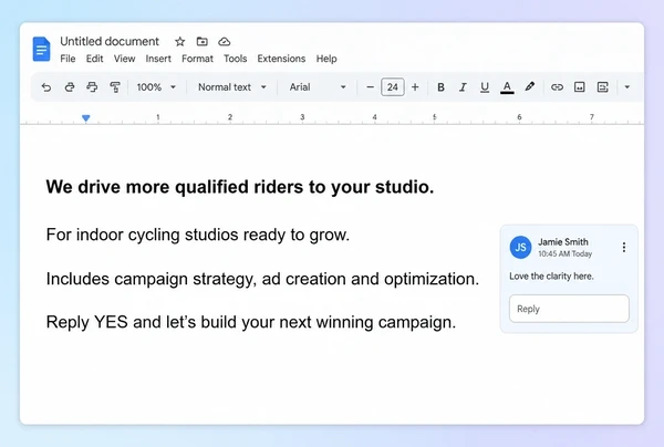 A Google Docs note holding the campaign promise for a performance cycling shop in four short lines