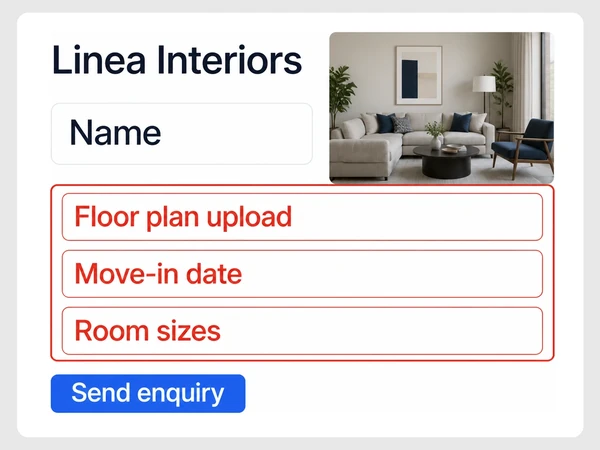 Linea Interiors inquiry form highlights Floor plan upload, Move-in date, and Room sizes in red.