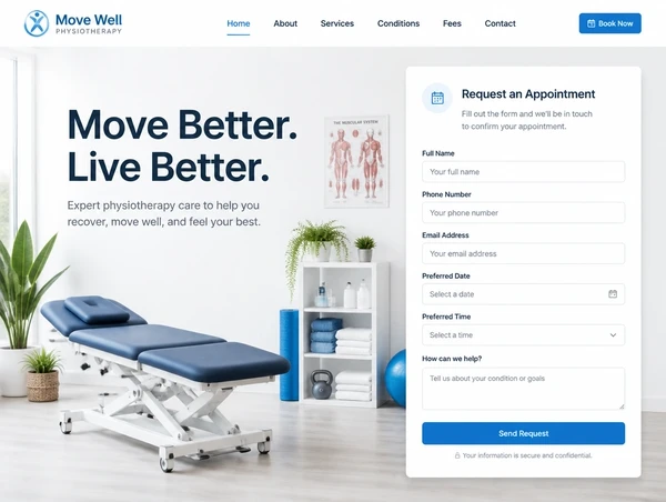 A physiotherapy clinic landing page with one headline and a short booking request form