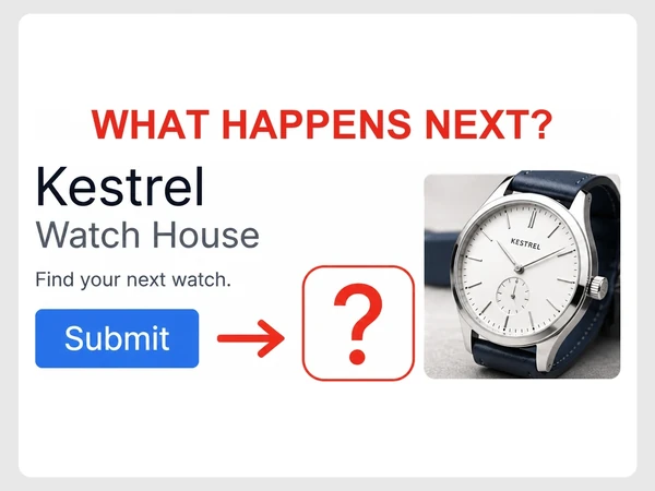 Kestrel Watch House landing page points from its Submit button to a red question mark.