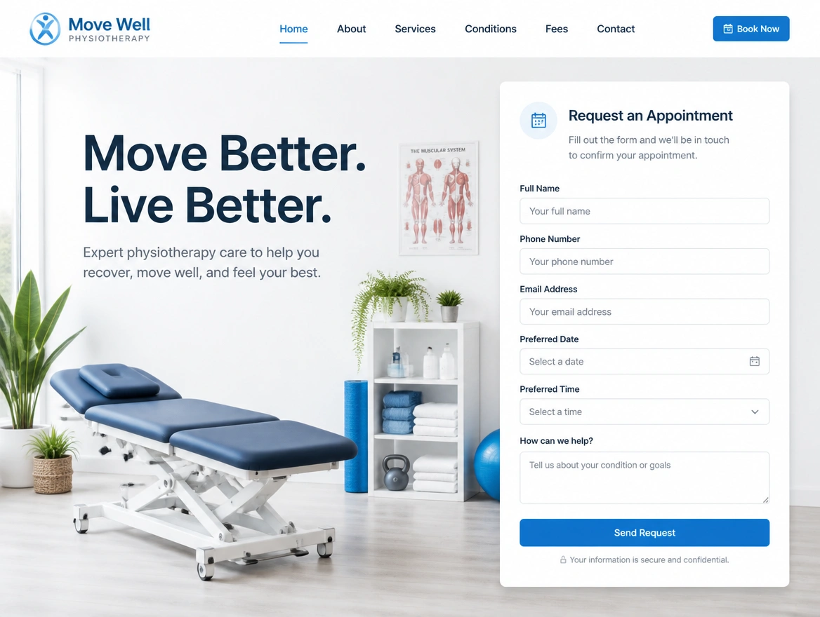 A physiotherapy clinic landing page with one headline and a short booking request form