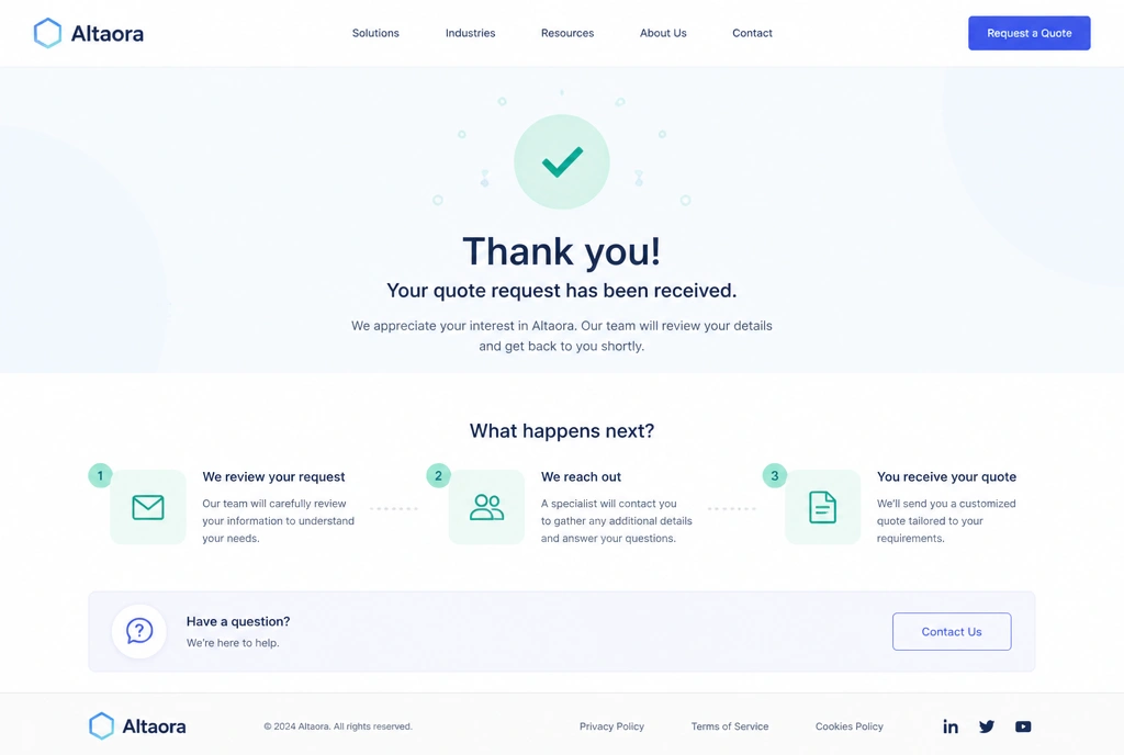 A thank you page confirming a quote request has been received, with the next steps underneath
