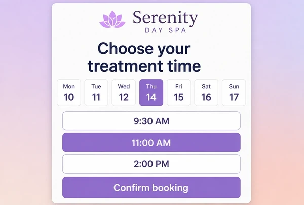 A day spa booking page with a chosen date, three time slots and a confirm button