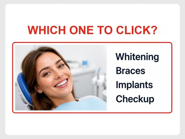 Brightside Dental shows four identical buttons for Whitening, Braces, Implants, and Checkup under Which one to click.