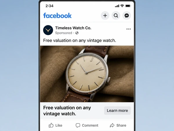 A Facebook advert whose caption and link card carry the same watch valuation offer