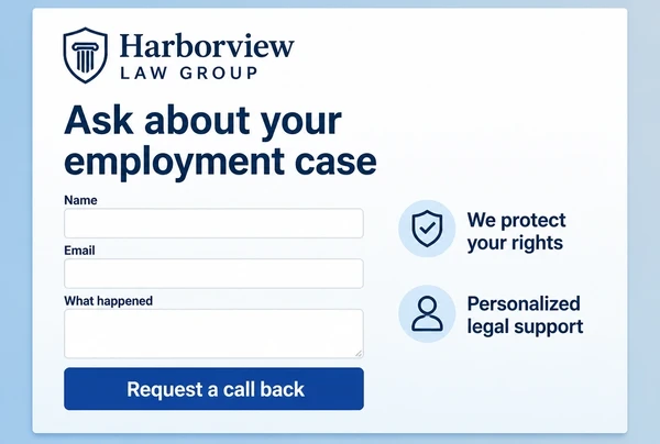 A law practice lead page with a three field form and two short reasons beside it