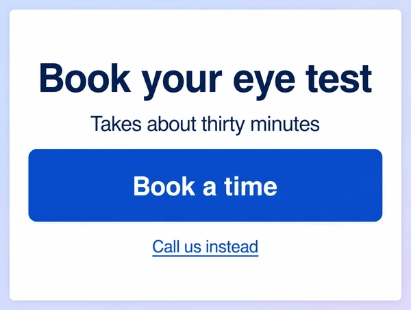 An optometry landing page with one large booking button and one small text link under it