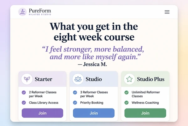 A pilates sales page with a heading, one customer quote and three plan cards