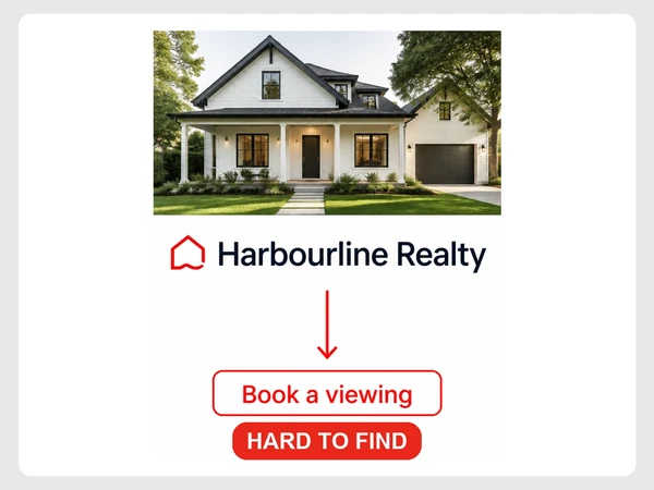 Harbourline Realty places a tiny Book a viewing button at the bottom of a long landing page.