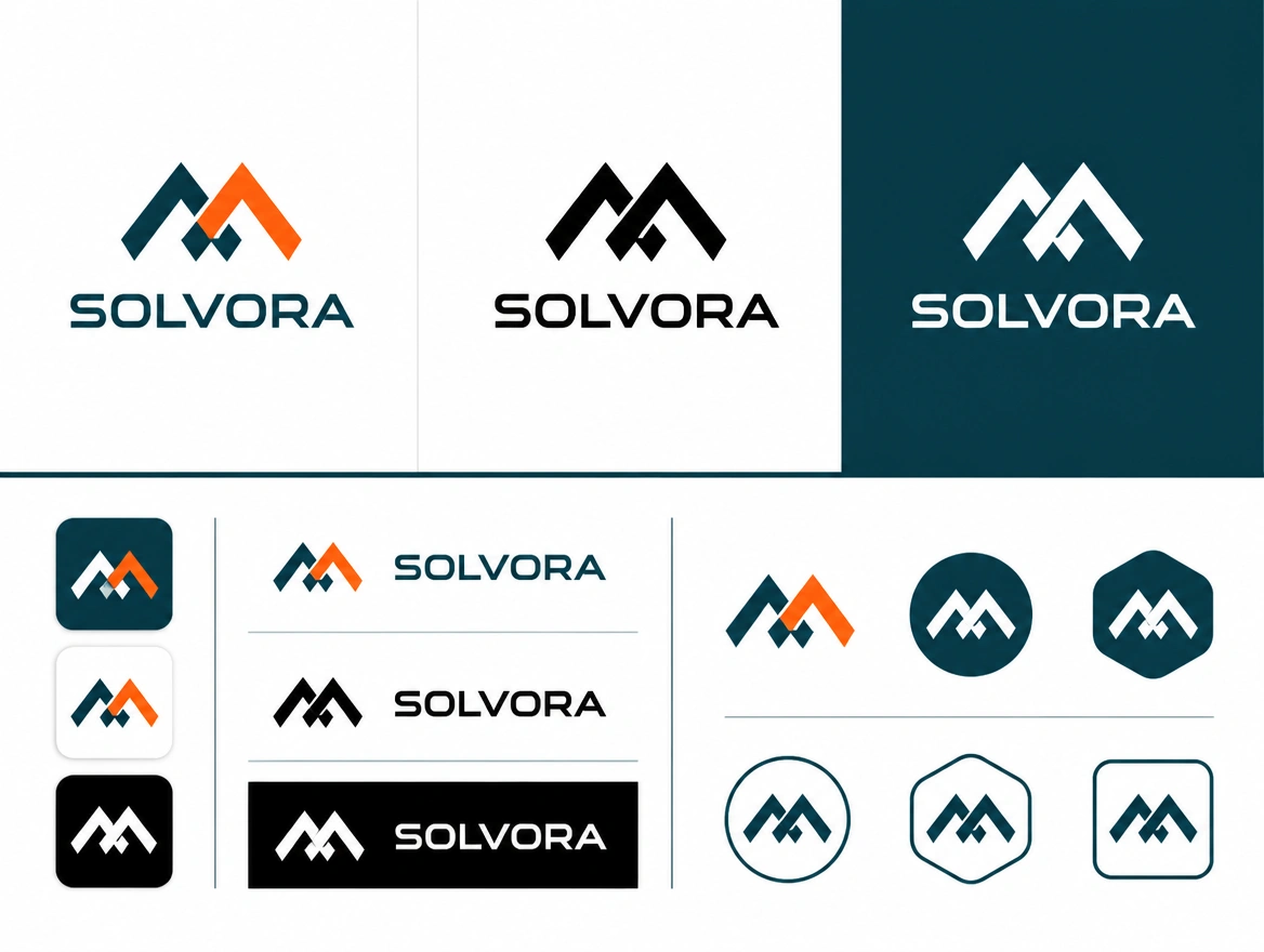 A logo presentation board showing one logo in colour, black and reversed white beside its variants