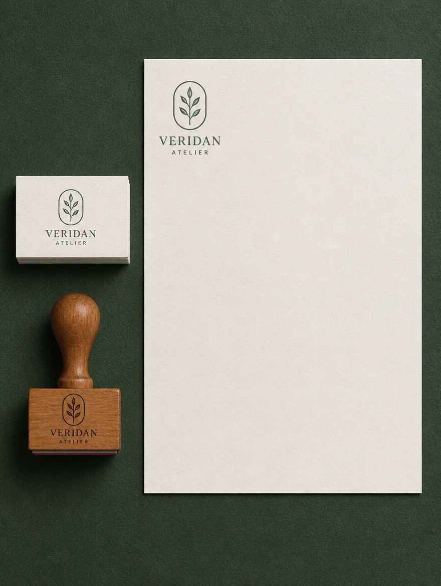 A tall stack of a name card, a letterhead and a rubber stamp sharing one logo