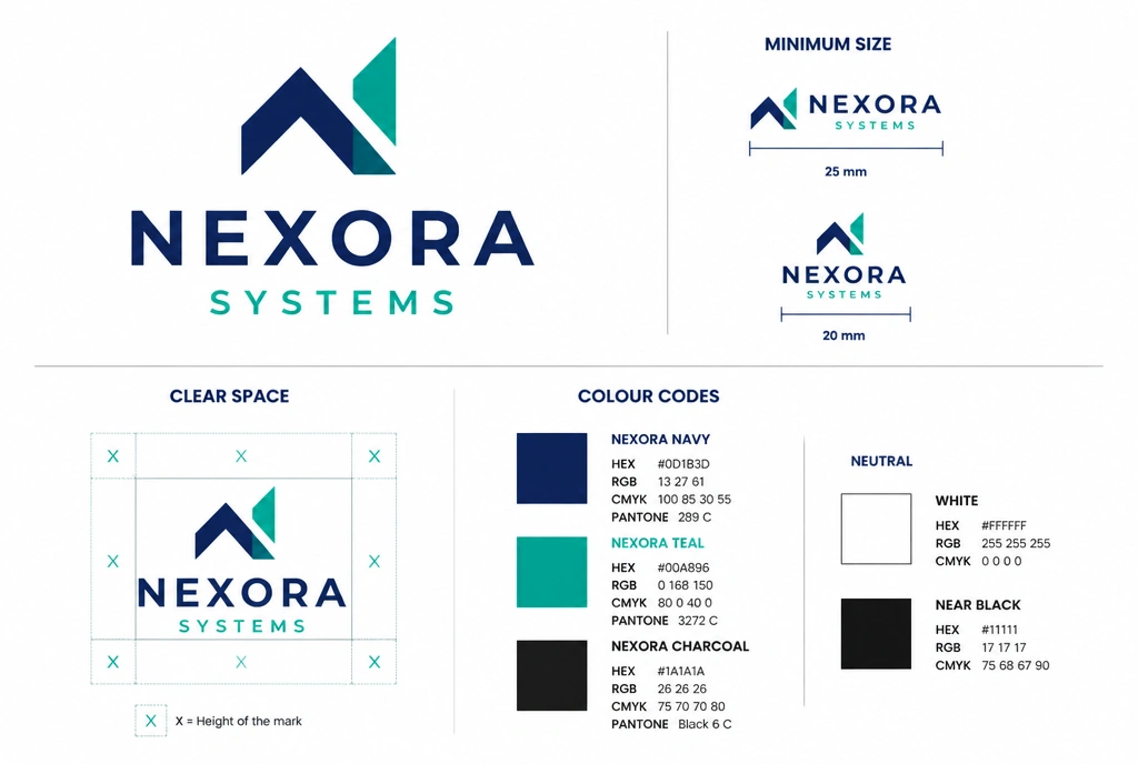 A one-page logo usage sheet setting out minimum size, clear space and colour codes