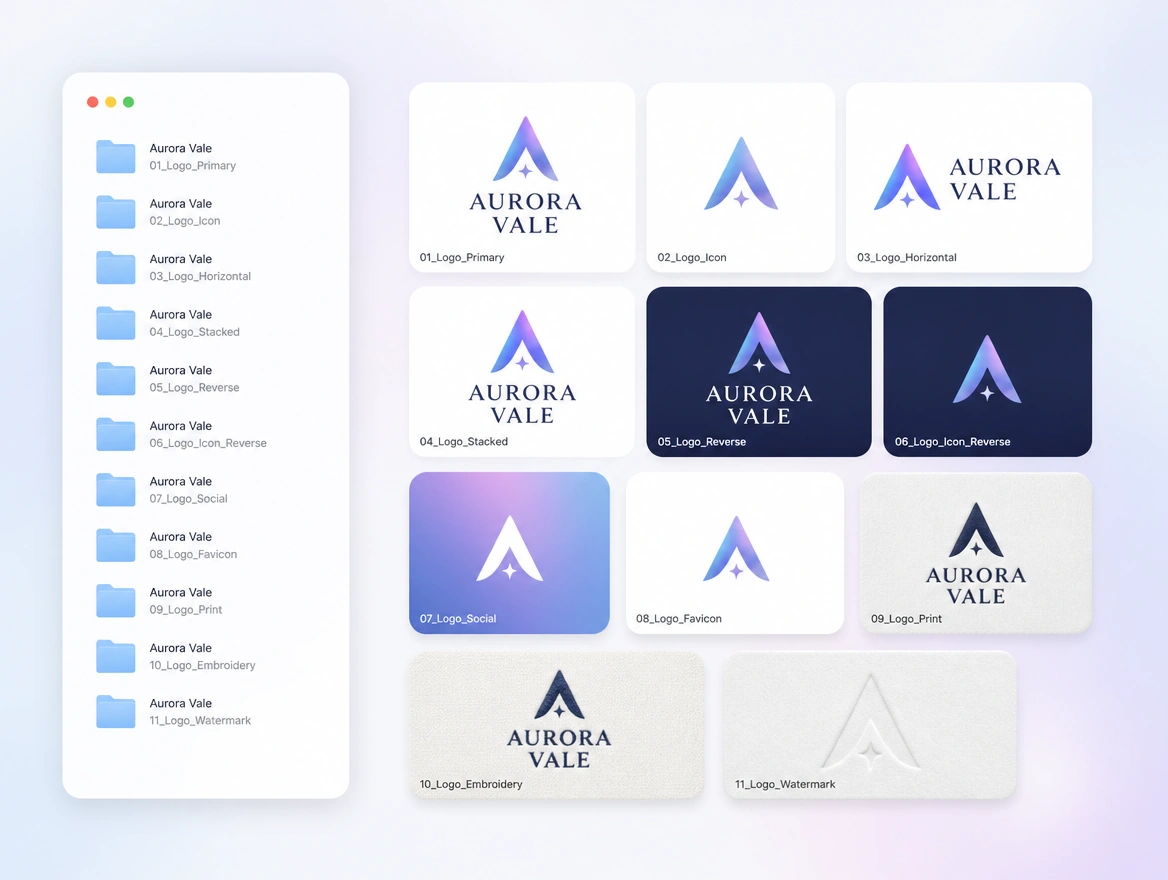 A tidy folder view of logo files named by format and use beside a preview of the logo